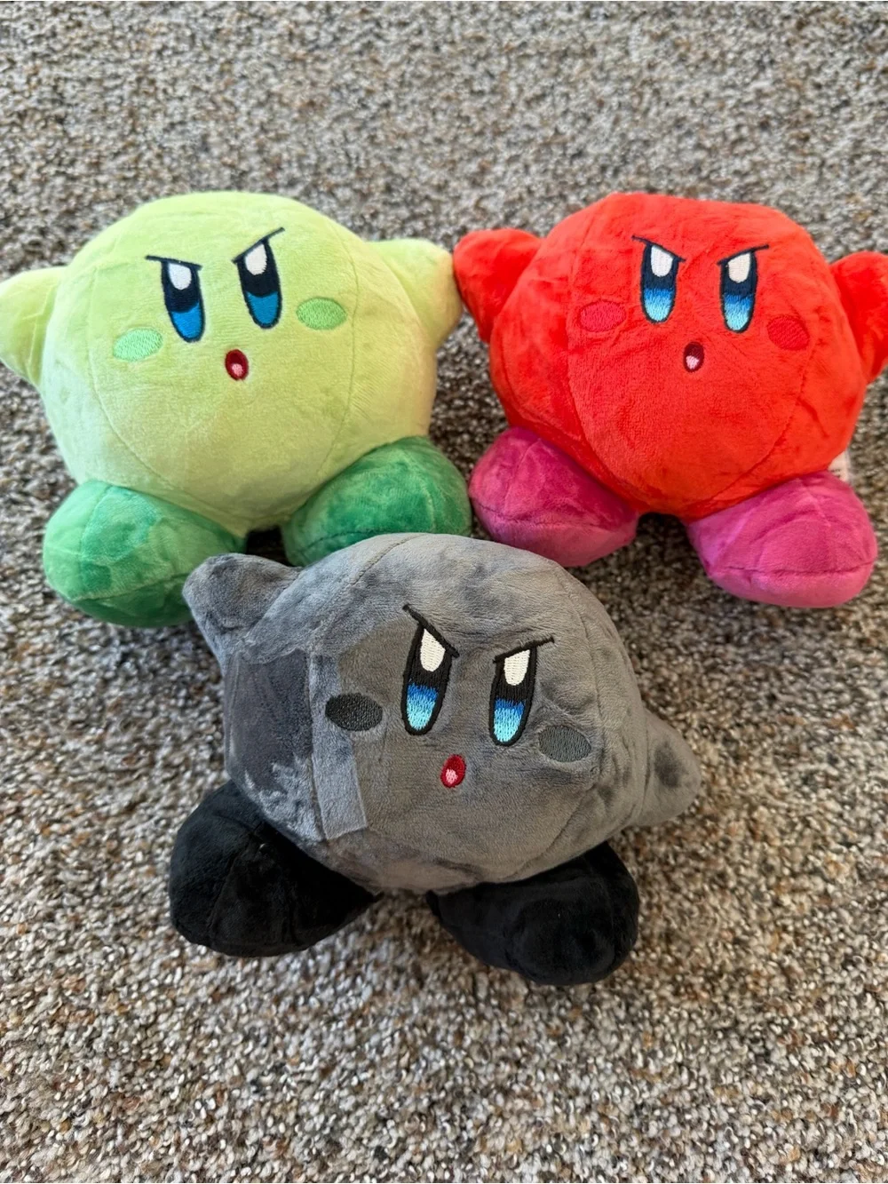 Kirby Plush Bundle Set of 3 Green Red Gray Angry Face NWT